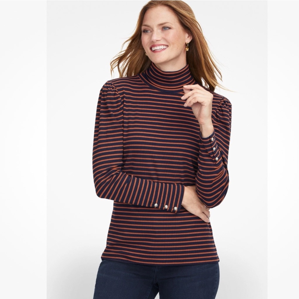 Talbots Striped Ribbed Turtleneck Puff Sleeve XS